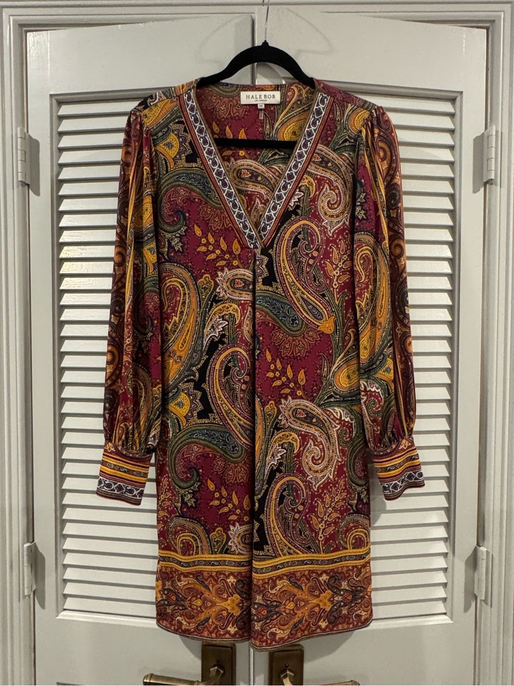 Hale Bob Burgundy Paisley V-Neck Long Sleeve Dress with Mustard Accents